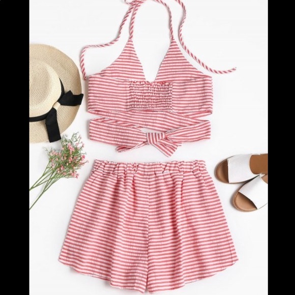 Seersucker Striped Wrap Top and Shorts Set - Picture 2 of 7